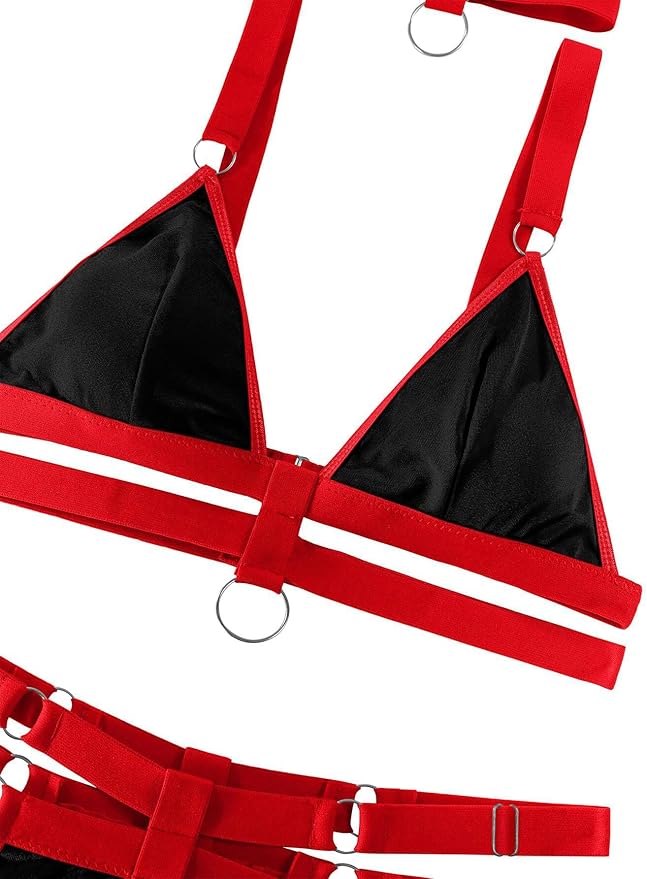 Lilosy Sexy Wireless Choker O Ring Linked Strappy Harness Lingerie Set Outfits 3 Piece