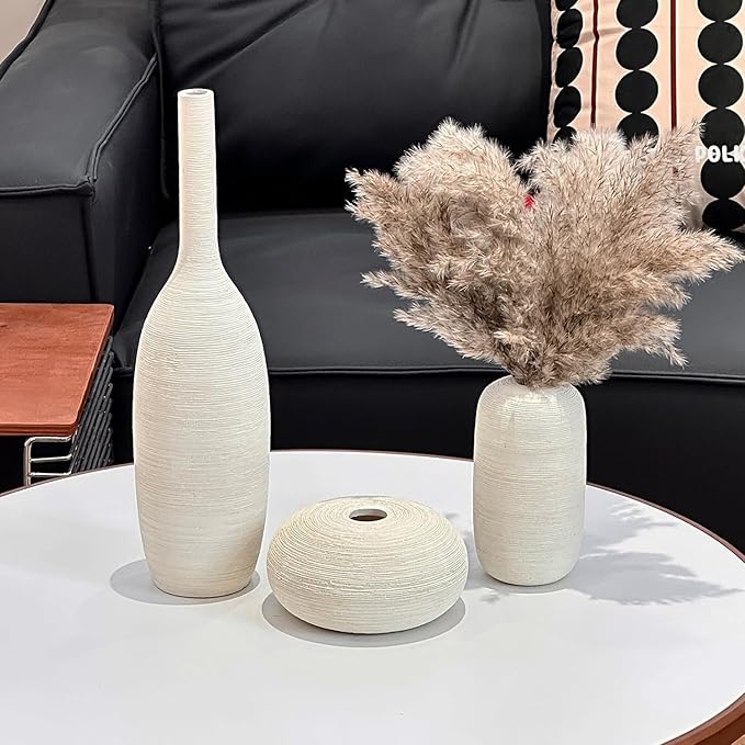 Ceramic Vase Set of 3 Flower Vases Home Decor Modern Boho Rustic Farmhouse Large Decorative Aesthetic Minimalist Matte Vases for Centerpieces Living Room Table Shelf (Beige White)