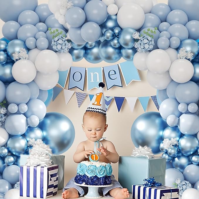 Dusty Blue Balloon Arch Kit, 134pcs Metallic Blue and White Balloons Garland Kits for Birthday Wedding Baby Shower Bridal Party Anniversary Decorations