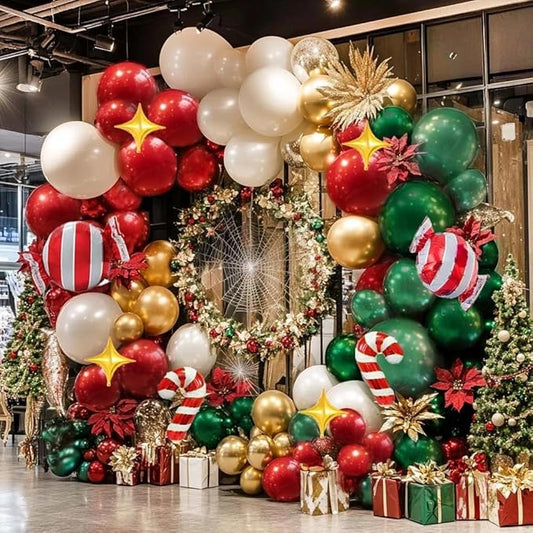Christmas Red and Green Balloon Garland Arch Kit Pearl White Gold Foil Candy Cane Balloons With Gold 4-Point Star Balloons For Christmas Party Decorations