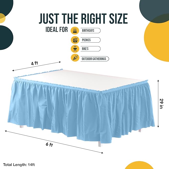 Exquisite Ruffle Table Skirt Light Blue 2 Pack 14 Ft Long Table Skirts for Rectangle Tables 6ft Plus or Round Tables Skirts with Adhesive Strip for Gender Reveal Decor & Happy Birthday Parties