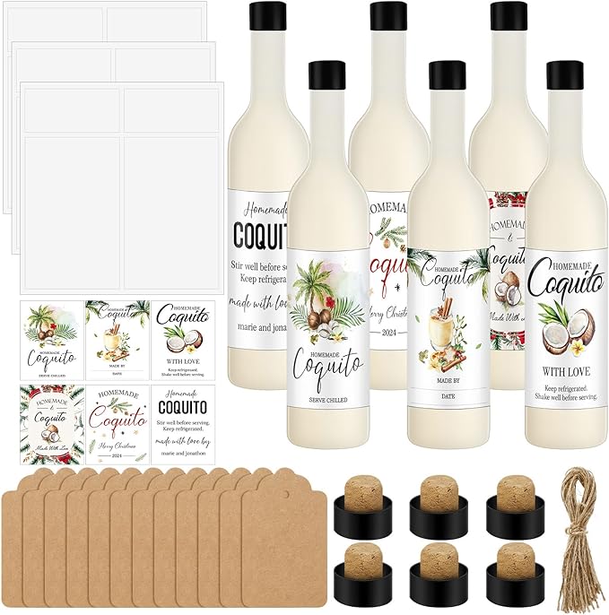 6 Set Coquito Bottles 25 oz Glass wine Bottles Brewing Bottles with Blank Printable Stickers Wine Bottles with Airtight Caps for Home Party Milk Eggnog Kefir