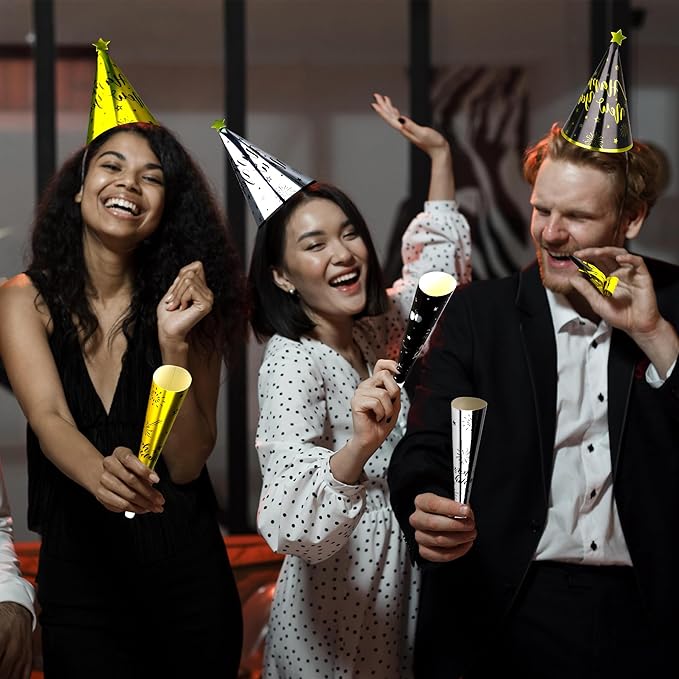 60PCS New Years Eve Party Favors, 30 People New Years Party Hats, Happy Eve Accessories Gold Silver Black, Cardboard Cone Hat Top Party Horn Blowers Tiara Party Supplies Decorations