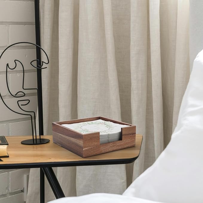 Wood Napkin Holder Square, Flat Napkin Holder, Wooden Luncheon Napkin Basket Tray for Kitchen Bathroom (7.5 x 7.5 x 2.5 inch)