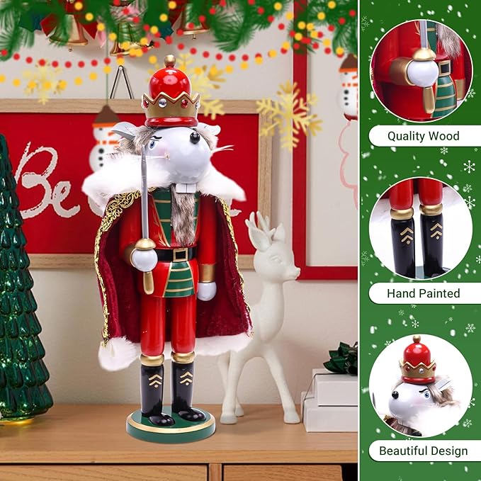11" Wooden Mouse King Nutcracker, Festive Christmas Decoration, Handcrafted Mouse Themed Nutcracker Collectible Christmas Decor for Tabletop, Shelves, and Fireplace Mantel