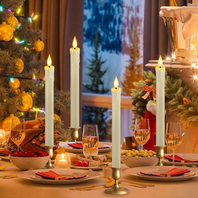 OCATO Flameless Candles with Remote Timer: 8 Pcs Battery Operated Window Candles 9.6" Real Wax LED Flickering Flameless Taper Candles 3D Wick Lights Halloween Christmas Wedding Party Decorations Ivory