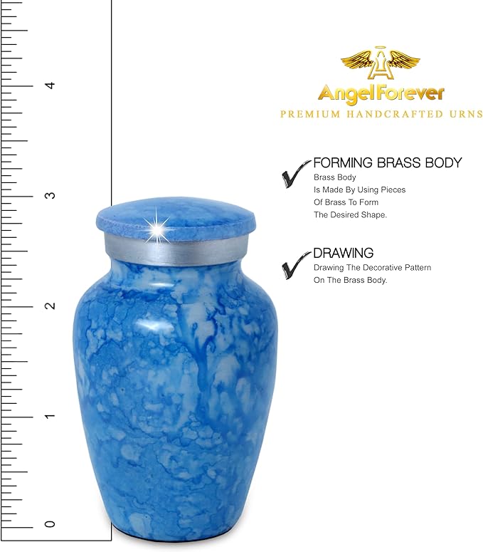 Small Keepsake Urn for Human or Pet Ashes – Handcrafted Aero Blue Marble Mini Urn with Velvet Bag & Gift Box | Durable Metal Memorial Token Jar for Baby, Infant, Pet or Loved One – 3 Cu in