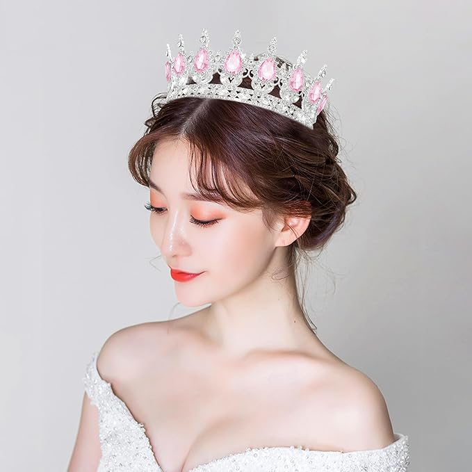 Queen Crown Rhinestone Wedding Tiaras for Women Costume Party Hair Accessories Princess Birthday Tiara Crystal Bridal Crown (Silver Pink-1)