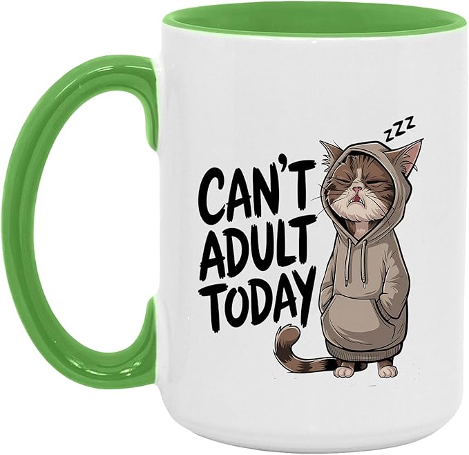 Can't Adult Today Funny Cat Two-Tone Accent Ceramic Mugs, Sarcastic Drinking Cups, 11oz 15oz, Gifts