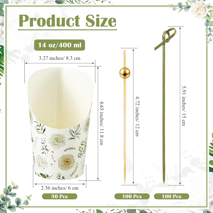 Tioncy 250 Pcs Charcuterie Cups with Cocktail Picks Sets, Bridal Shower Decoration 50 Charcuterie Cups with 200 Sticks for Wedding Baby Shower Floral Boho Party Decorations (White Green,Floral)