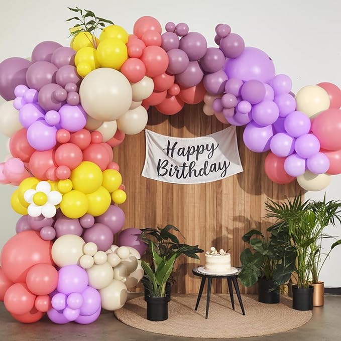 Dusty Pink Purple Balloons Arch Yellow White Balloon Groovy Theme Birthday Party Decorations Pastel Purple Beige Latex Helium Balloons Flower Disco Party Decor Wedding Baby Shower
