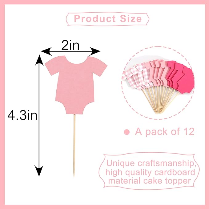 Pink Bodysuit Cupcake Topper - Baby Shower Decoration Pink Gingham Cake Topper,Baby Shower Bunting (pink-topper)