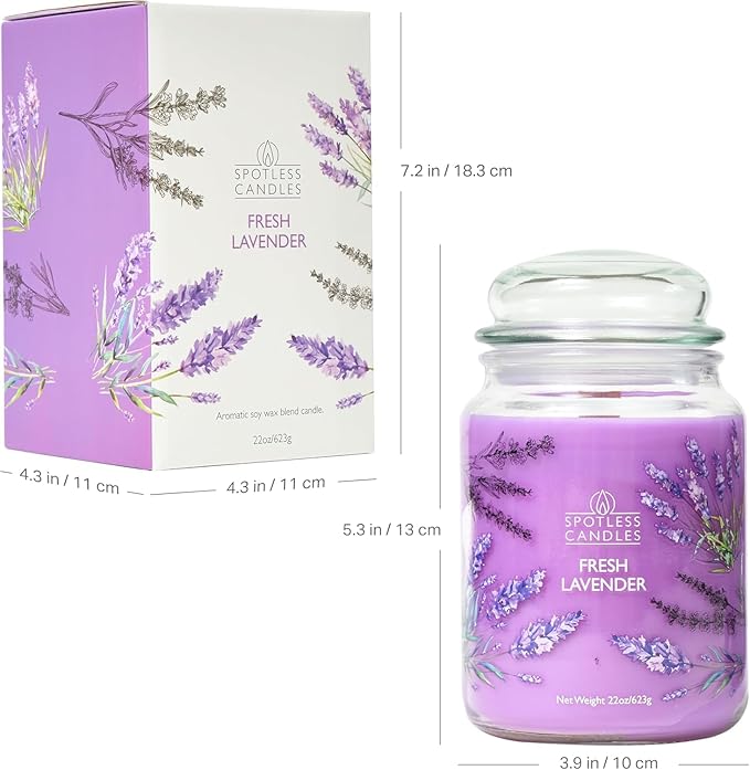 Fresh Lavender Candle 22oz Glass Jar with Wooden Wick in a Decorated Jar Within a Presentation Gift Box and Protective Shipping Box
