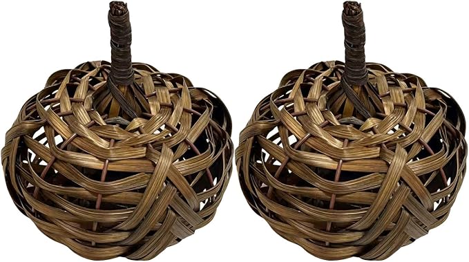 2Pcs 5 inch Bamboo Woven Artificial Pumpkin Decorations, Antique Bronze Handcrafted Woven Fake Pumpkins, Rustic Handmade Bamboo Weaving Crafts, Realistic Table Centerpiece Decorations For Indoor Decor