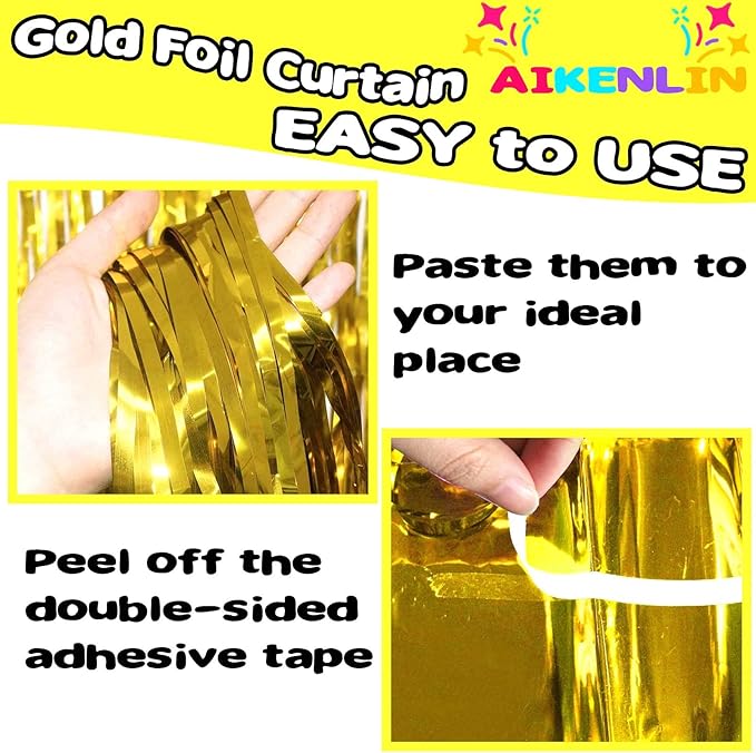 4 Pack Gold Foil Fringe Curtain Backdrop, 3.2Ft x 9.8Ft Metallic Tinsel Foil Fringe Streamers Curtains for Party, Photo Booth Props, Birthday, Wedding, Christmas Party Decoration Supplies