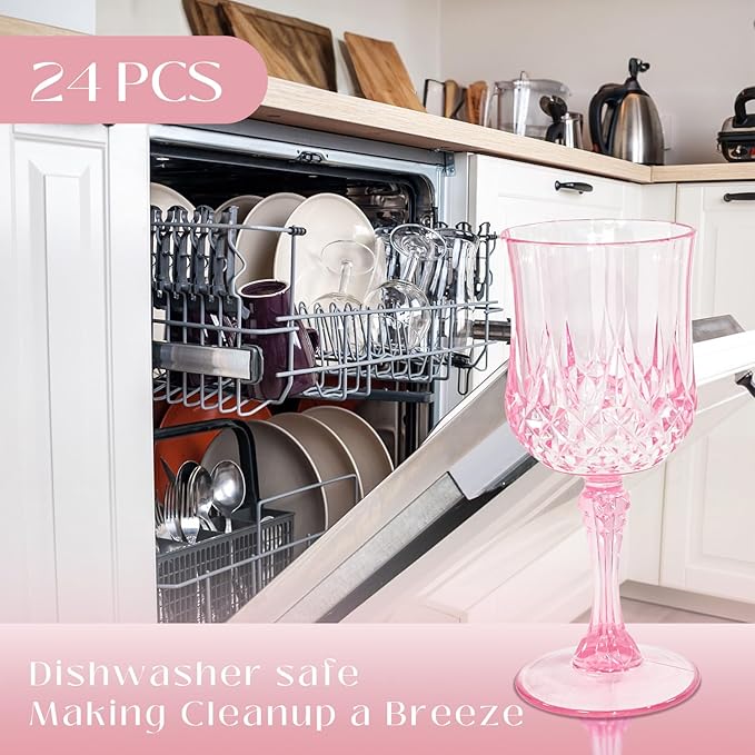 24 PCS Plastic Pink Wine Glasses Goblets Pink Vintage Wine Glasses, Reusable Drinkware Vintage Champagne, Plastic Goblets for Parties for Wedding Reception Grand Event Party, 7oz