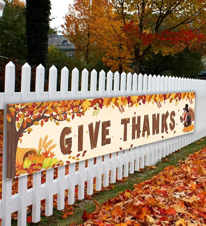 Happy Fall Banner Decorations - Give Thanks Thanksgiving Day Autumn Outdoor Indoor Party Decor Supplies