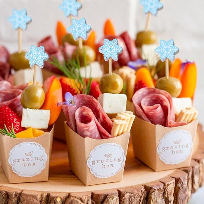 PuTwo Christmas Snowflake Cocktail Picks 4.7 Inch 100pcs Bamboo Fancy Skewers Toothpicks for Appetizers Food Drink Fruit Sandwich BBQ Christmas Party Charcuterie Boards Accessories Party Supplies