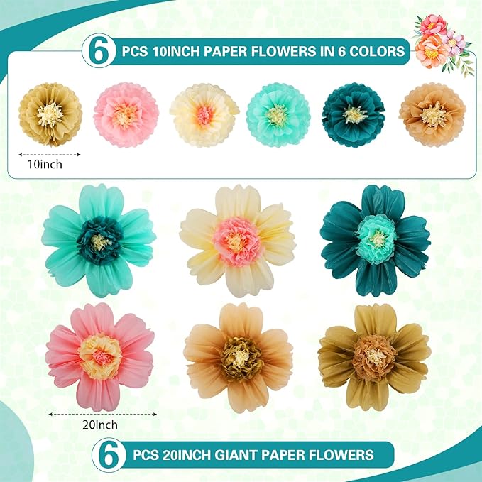 Crowye 12 Pcs Large Colorful Tissue Paper Flowers Decorations 20" Giant Fiesta Crepe Paper Flowers for Wall Decor Backdrop Mexican Wedding Birthday Baby Shower Carnival Party Craft (Stylish Color)