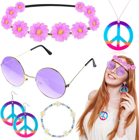 Batiyeer 6 Pcs Hippie Costume Accessories Set, Boho Peace Sign Daisy Flower 60s 70s Party Favors Decor for Groovy Party Women(Purple)