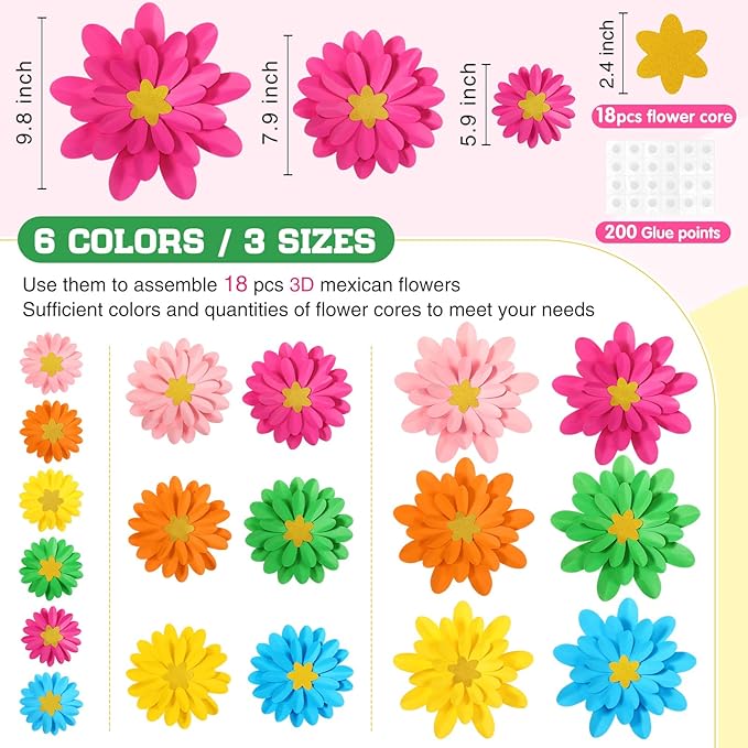18 Pcs Mexican Paper Flowers Decor for Wall DIY Paper Fiesta Bulletin Board 3D Colorful Mexican Backdrop Decoration for Classroom Back to School Carnival and Holiday Party(Rounded Star,Rainbow)