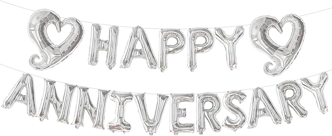 KatchOn, Silver Happy Anniversary Balloons Letters - Big, 18 Inch | Silver Happy Anniversary Balloon Banner | Heart Balloons