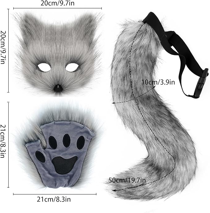 Adolala Faux Fur Fox Tail Cat Wolf Set Plush Mask Fluffy Paw Gloves Halloween Christmas Party for Women
