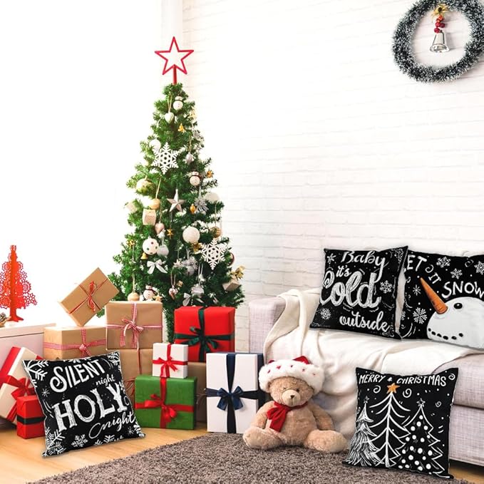 Christmas Pillow Covers - 18x18 inch Black Merry Christmas Snowflake Snowman Tree Decorations Throw Cushion Case for Indoor Home Bedroom Couch Decor