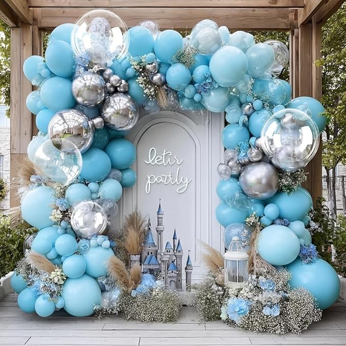 Blue Silver Balloon Arch Double Stuffed Pastel Baby Blue Metallic Balloon Garland Kit Clear Bobo Balloons for Birthday Baby Shower Bridal Shower Birthday Wedding Anniversary Party Decorations