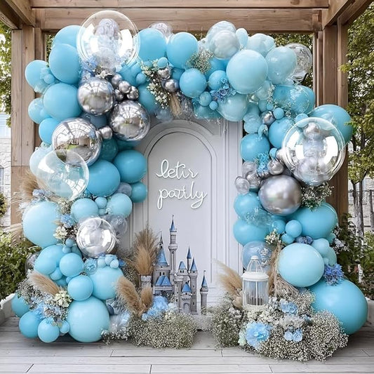 Blue Silver Balloon Arch Double Stuffed Pastel Baby Blue Metallic Balloon Garland Kit Clear Bobo Balloons for Birthday Baby Shower Bridal Shower Birthday Wedding Anniversary Party Decorations