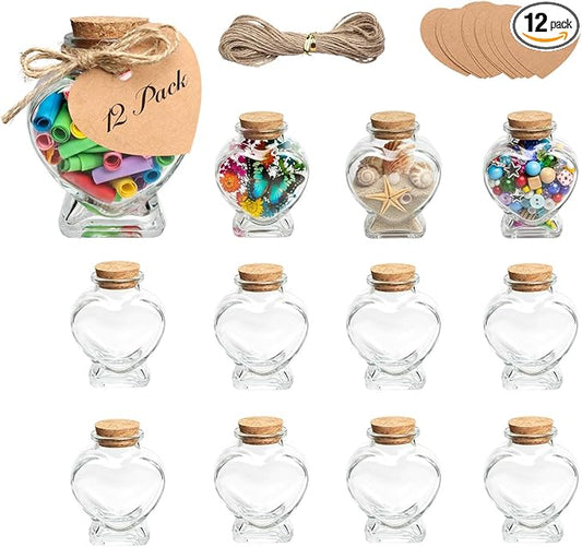 12 Pack 50ml Empty Clear Glass Heart-Shaped Bottles Decorative, Heart Glass Bottle with Cork Stopper, Labels & String, Magic Potion Bottles for Wedding Party, DIY Decoration & Wish Messages
