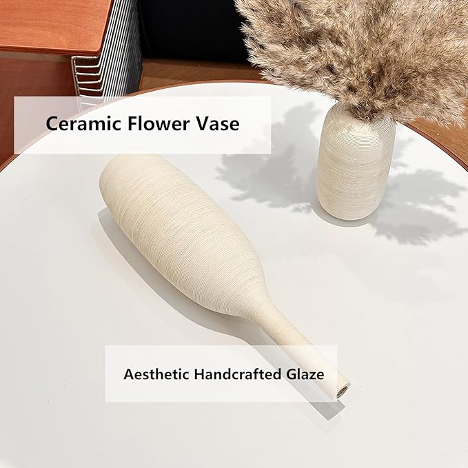 Ceramic Vase Set of 3 Flower Vases Home Decor Modern Boho Rustic Farmhouse Large Decorative Aesthetic Minimalist Matte Vases for Centerpieces Living Room Table Shelf (Beige White)