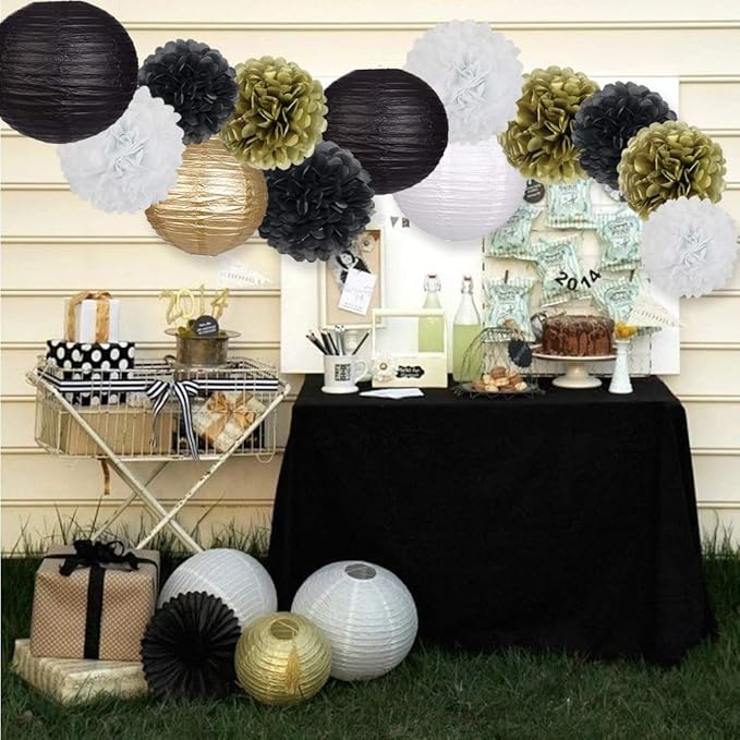 Black Gold Party Decorations, Black Gold Paper Lanterns and Pom Poms Flowers for Birthday Party Graduation Masquerade New Years Party Decor 15PCS