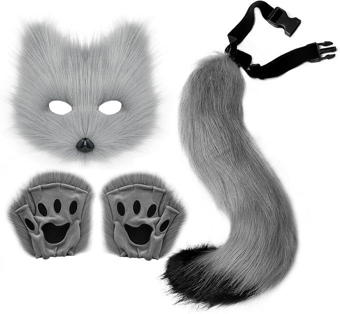 Adolala Faux Fur Fox Tail Cat Wolf Set Plush Mask Fluffy Paw Gloves Halloween Christmas Party for Women