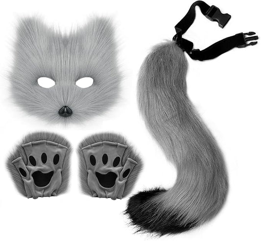 Adolala Faux Fur Fox Tail Cat Wolf Set Plush Mask Fluffy Paw Gloves Halloween Christmas Party for Women