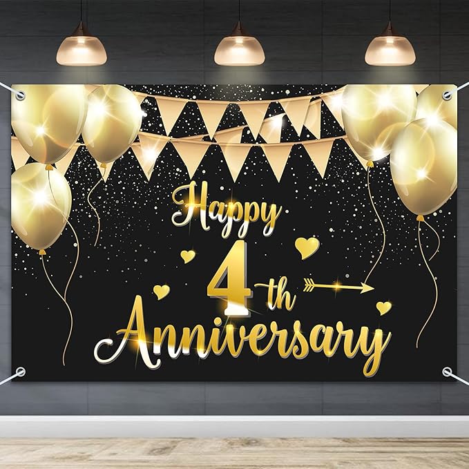 HAMIGAR 6x4ft Happy 4th Anniversary Banner Backdrop - 4 Wedding Anniversary Decorations Party Supplies - Black Gold