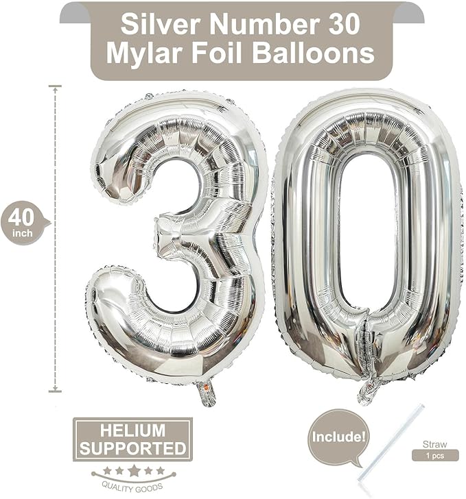 40 Inch Silver 30 Number Balloons Giant Jumbo Huge 30 Foil Mylar Helium Number Digital Balloons Silver Birthday Mylar Digital Balloons Dirty 30th Birthday Party 30th Anniversary Events Party