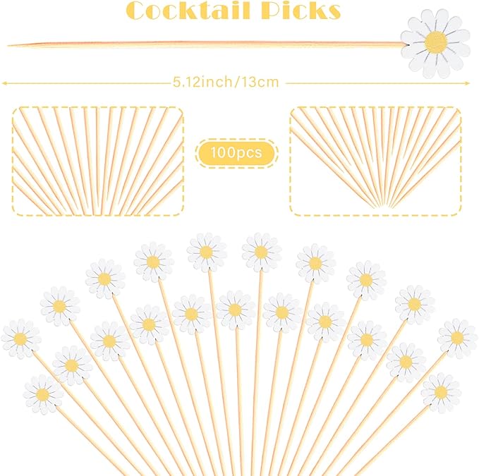 Daisy Cocktail Picks Springtime Floral Decorative Toothpicks Fruit Sticks Food Sandwich Appetizer Charcuterie Skewers, for Spring Flower Sunflower Daisy Decorations Boho Groovy Party Supplies