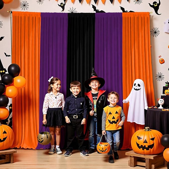 Halloween Backdrop Curtain,10×10ft Black Orange Purple Party Background Decor for Spooky Parties Photo Booths Home Haunted House Reusable Holiday Wall Decoration for Adults Teens
