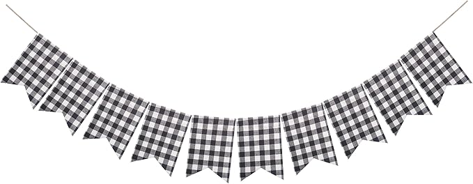 Buffalo Check Plaid Banner for Christmas Mantel Fireplace Decorations – Black and White Gingham Bunting Garland Baby Shower Birthday Party Supplies