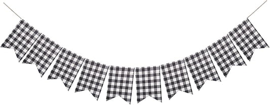 Buffalo Check Plaid Banner for Christmas Mantel Fireplace Decorations – Black and White Gingham Bunting Garland Baby Shower Birthday Party Supplies