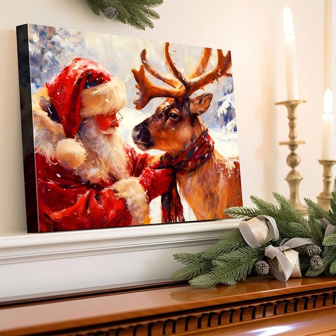 Santa's Reindeer Framed Christmas Wall Art - Festive Holiday Canvas Prints for Living Room Decor, Santa Claus Themed Bedroom Wall Decoration, Ready-to-Hang Christmas Gift Artwork for Home & Office