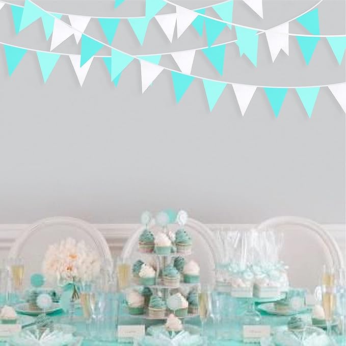 10M/32Ft Aqua Green Banner Party Decorations Triangle Flag Pennant Bunting Fabric Garland for Wedding Birthday Engagement Bridal Baby Shower Under The Sea Party Festivals Decoration(Teal Blue)