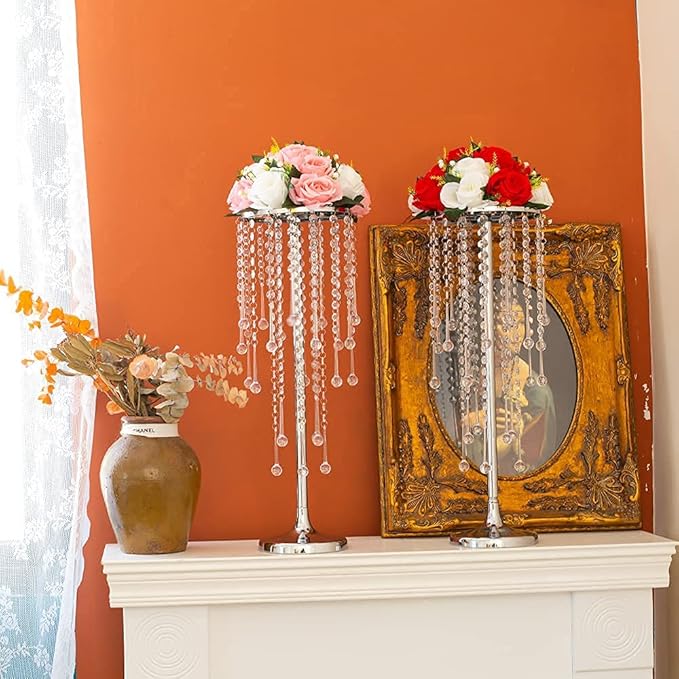 21.6in Wedding Center Stand, Silver Metal Flower Holders Centerpiece Vase with Crystal 2-Piece Charming Candle Holder,for Reception Tables Décor Wedding Anniversary Party Centerpieces