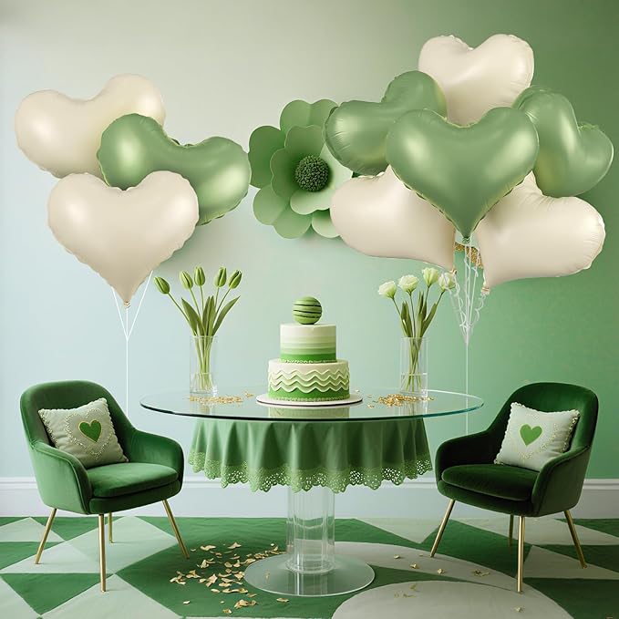 Green Cream White Heart Balloons,24Inch Heart Foil Balloons for Valentine's Day Birthday Wedding Baby Shower Anniversary Party Decorations