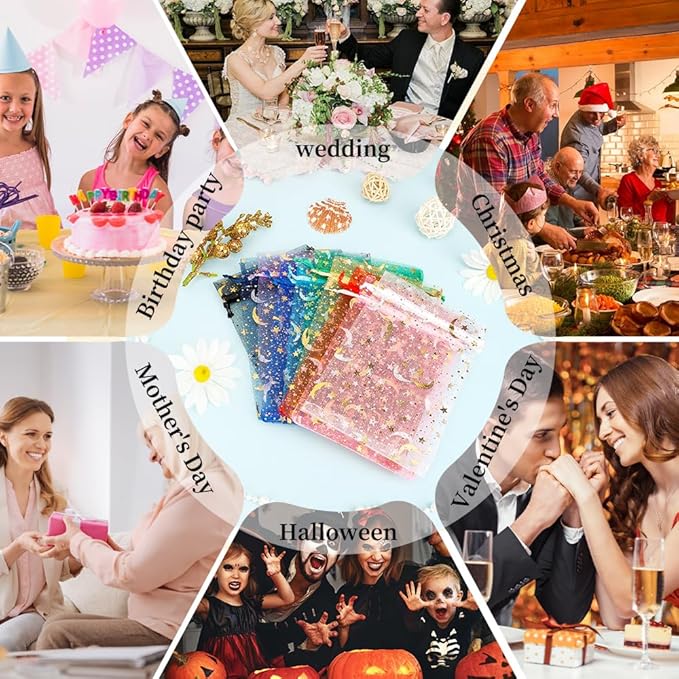 Moon Star Organza Bags 4x6 Small Mesh Bag Drawstring 50 Pcs Mesh Gift Bags Drawstring Pouch Jewelry Pouches Bulk Wedding Favor Bag Gift Pouch for Candy Make up Soaps Birthday Festival Party Supplies