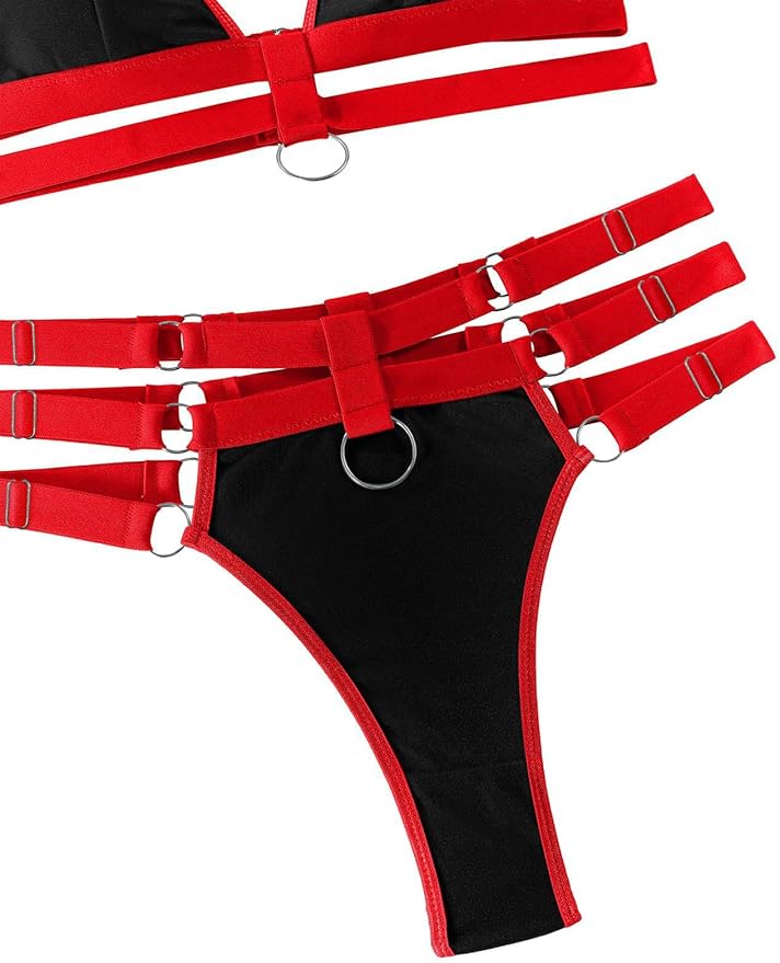 Lilosy Sexy Wireless Choker O Ring Linked Strappy Harness Lingerie Set Outfits 3 Piece