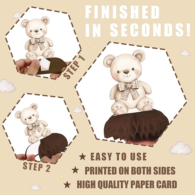We Can Bearly Wait Baby Shower Centerpieces – 12 PCS Boho Teddy Bear Honeycomb Table Decorations, Brown & Beige Decor for Gender Neutral Teddy Bear Baby Shower