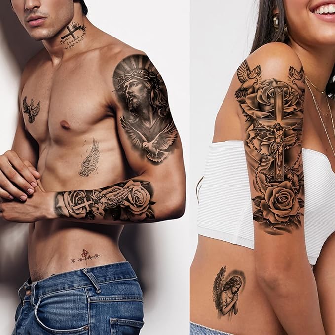 77 Sheets Christian Cross Temporary Tattoo for Women Men, 17 Sheets Half Arm Large Religious Jesus God Fake Tattoos, 60 Sheets Angels Black Christ Tiny for Adult Kids Body Tattoos Stickers Realistic