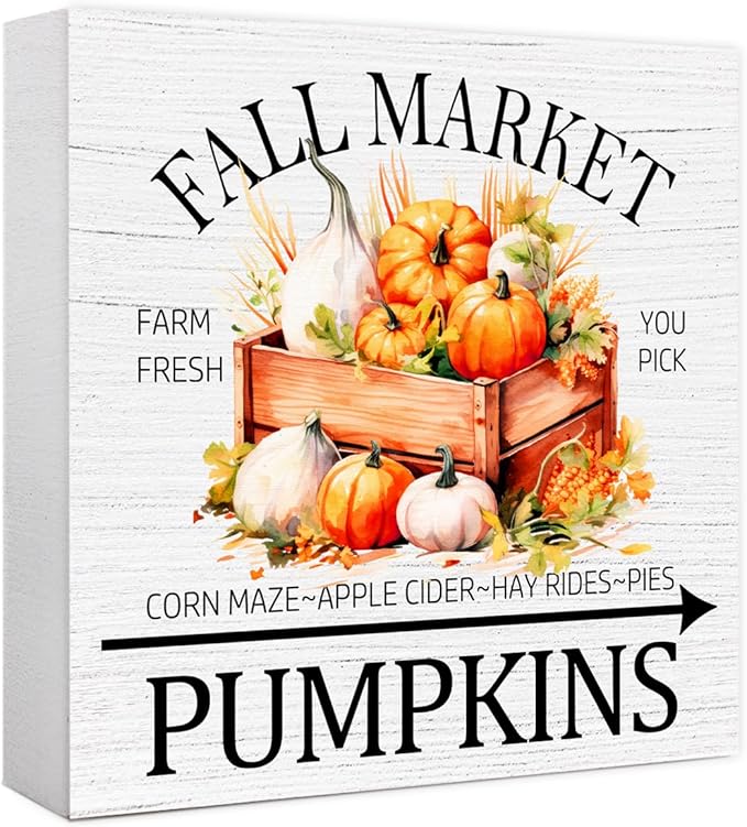 Funny Autumn Wood Box Sign Fall Market Pumpkins Wooden Block Desk Decor for Home Office Kitchen Cubicle Table Shelf Tabletop,Farmhouse Fall Sign Decor